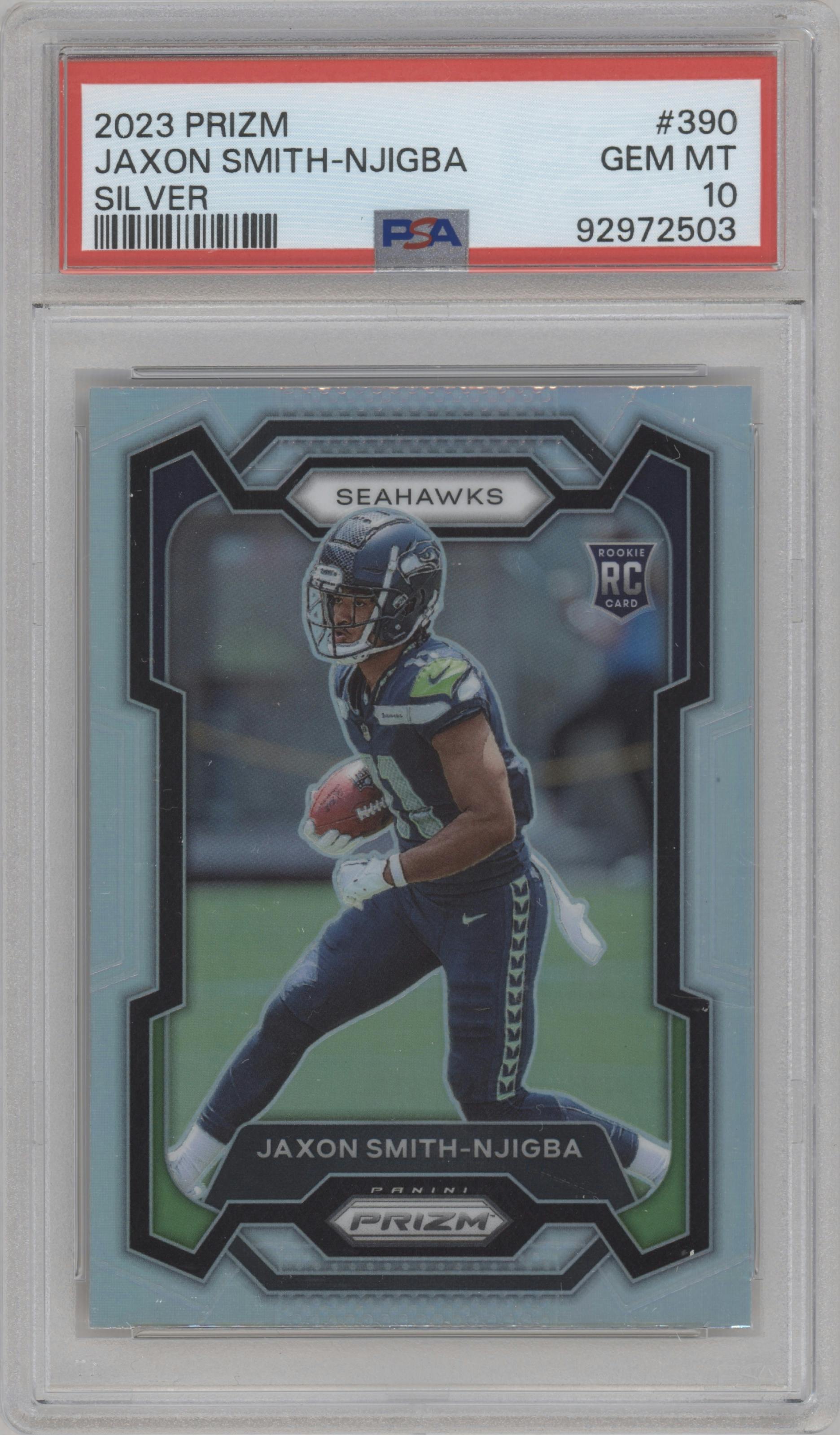 Jaxon Smith-Njigba from the 2023 Panini Prizm set featuring a Silver Prizm parallel graded by PSA and given an overall grade of 10.