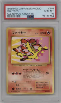 Moltres from the 1999 Pokemon JPN set featuring a All Nippon Airways parallel graded by PSA and given an overall grade of 10.