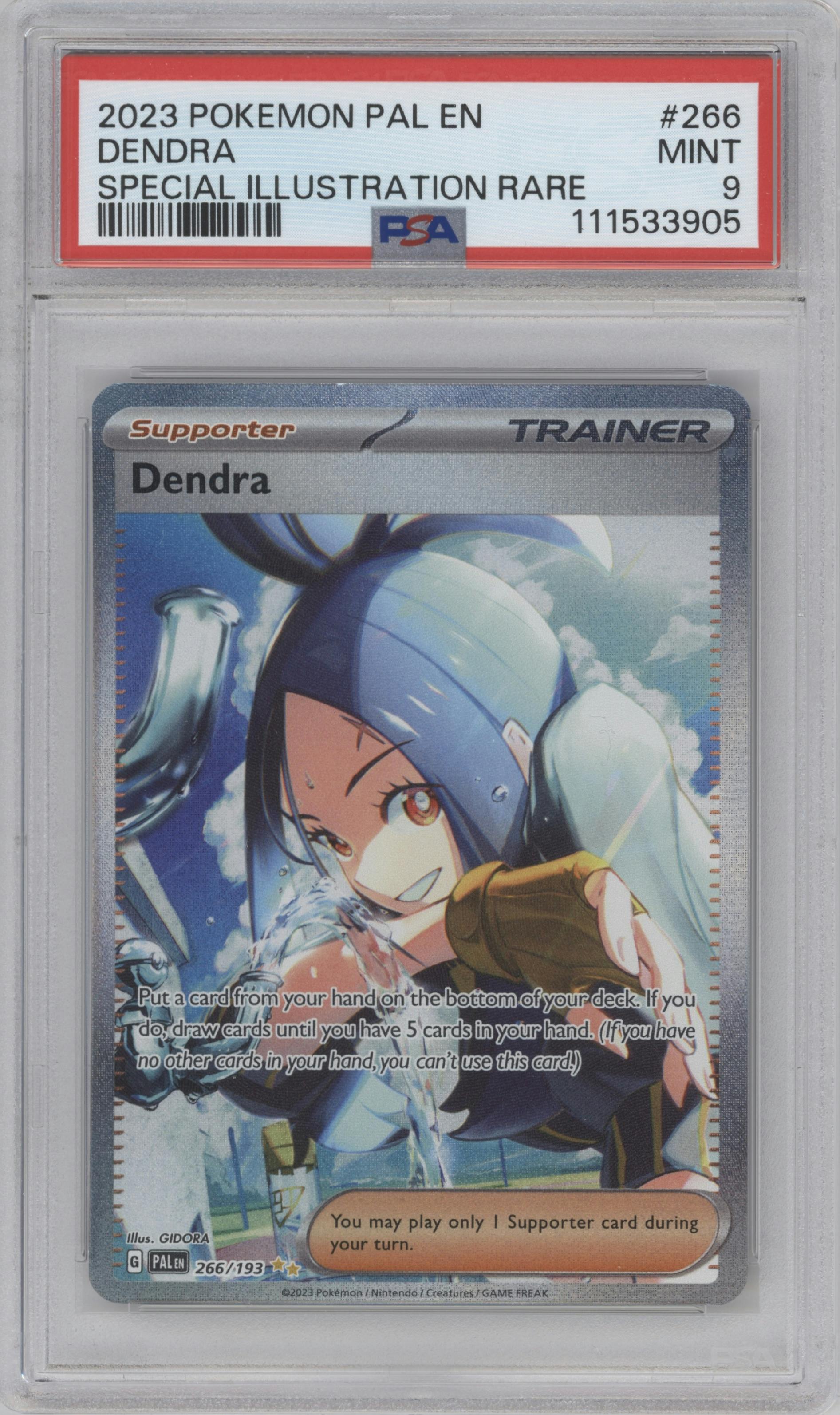 Dendra from the 2023 Pokemon SV set graded by PSA and given an overall grade of 9.