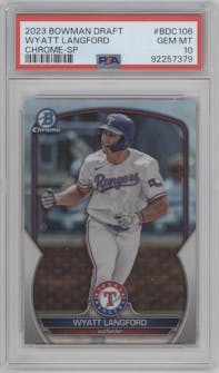 Wyatt Langford from the 2023 Bowman Draft set graded by PSA and given an overall grade of 10.