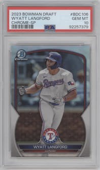Wyatt Langford from the 2023 Bowman Draft set graded by PSA and given an overall grade of 10.