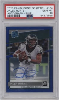 Jalen Hurts from the 2020 Panini Donruss Optic set featuring a Blue parallel graded by PSA and given an overall grade of 10.