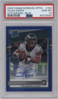 Jalen Hurts from the 2020 Panini Donruss Optic set featuring a Blue parallel graded by PSA and given an overall grade of 10.