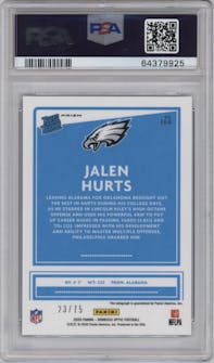 Jalen Hurts from the 2020 Panini Donruss Optic set featuring a Blue parallel graded by PSA and given an overall grade of 10.