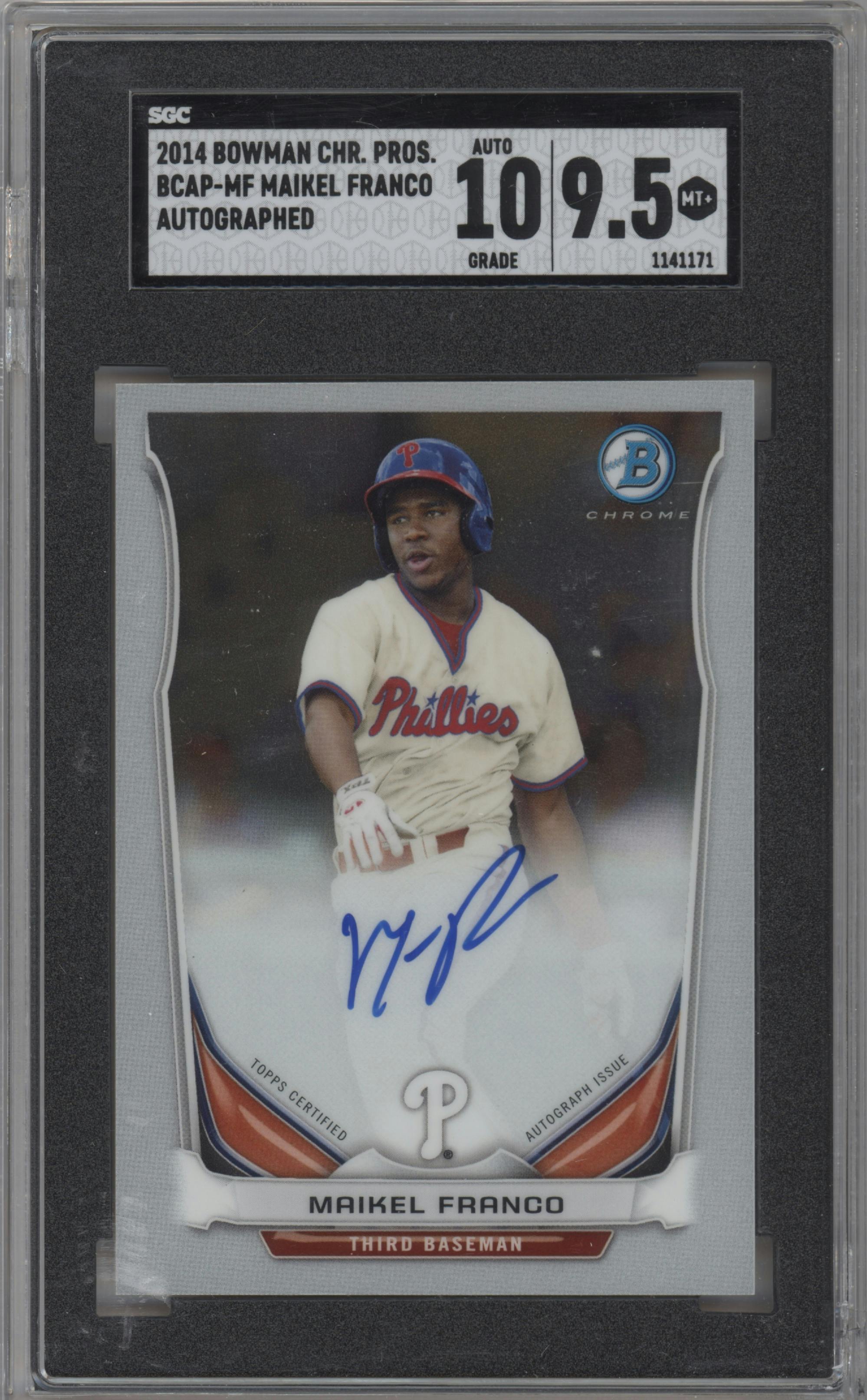 Maikel Franco from the 2014 Bowman set graded by SGC and given an overall grade of 9.5.
