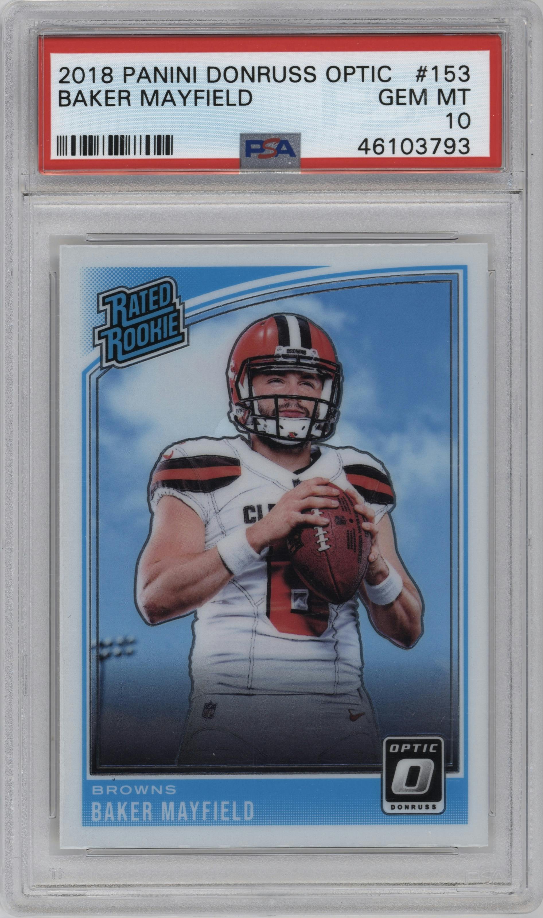 Baker Mayfield from the 2018 Panini Donruss Optic set graded by PSA and given an overall grade of 10.