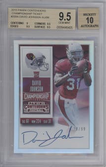 David Johnson from the 2015 Panini Contenders set featuring a Championship Ticket parallel graded by Beckett and given an overall grade of 9.5.