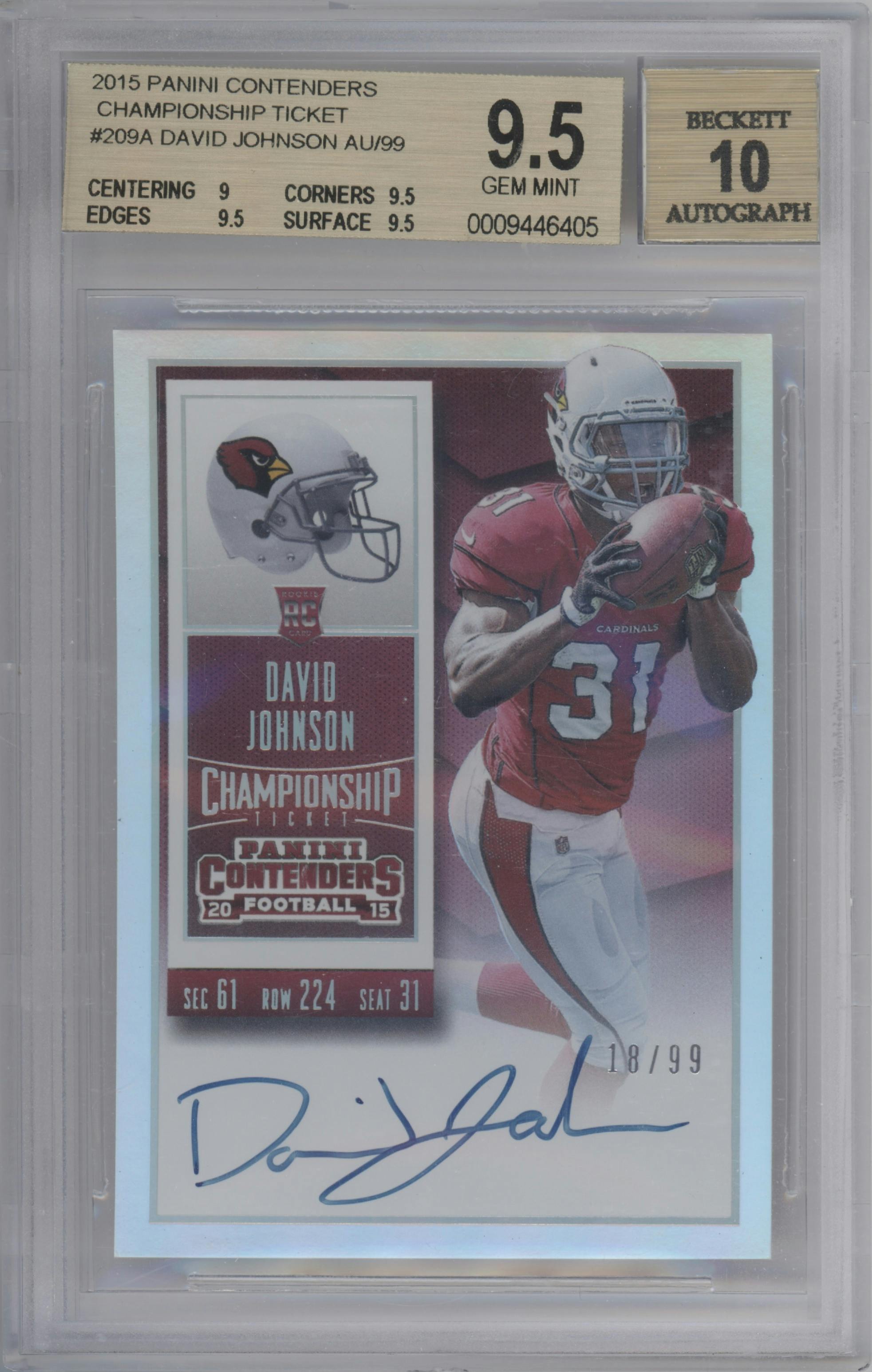 David Johnson from the 2015 Panini Contenders set featuring a Championship Ticket parallel graded by Beckett and given an overall grade of 9.5.
