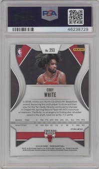 Coby White from the 2019-20 Panini Prizm set featuring a Silver Prizm parallel graded by PSA and given an overall grade of 10.