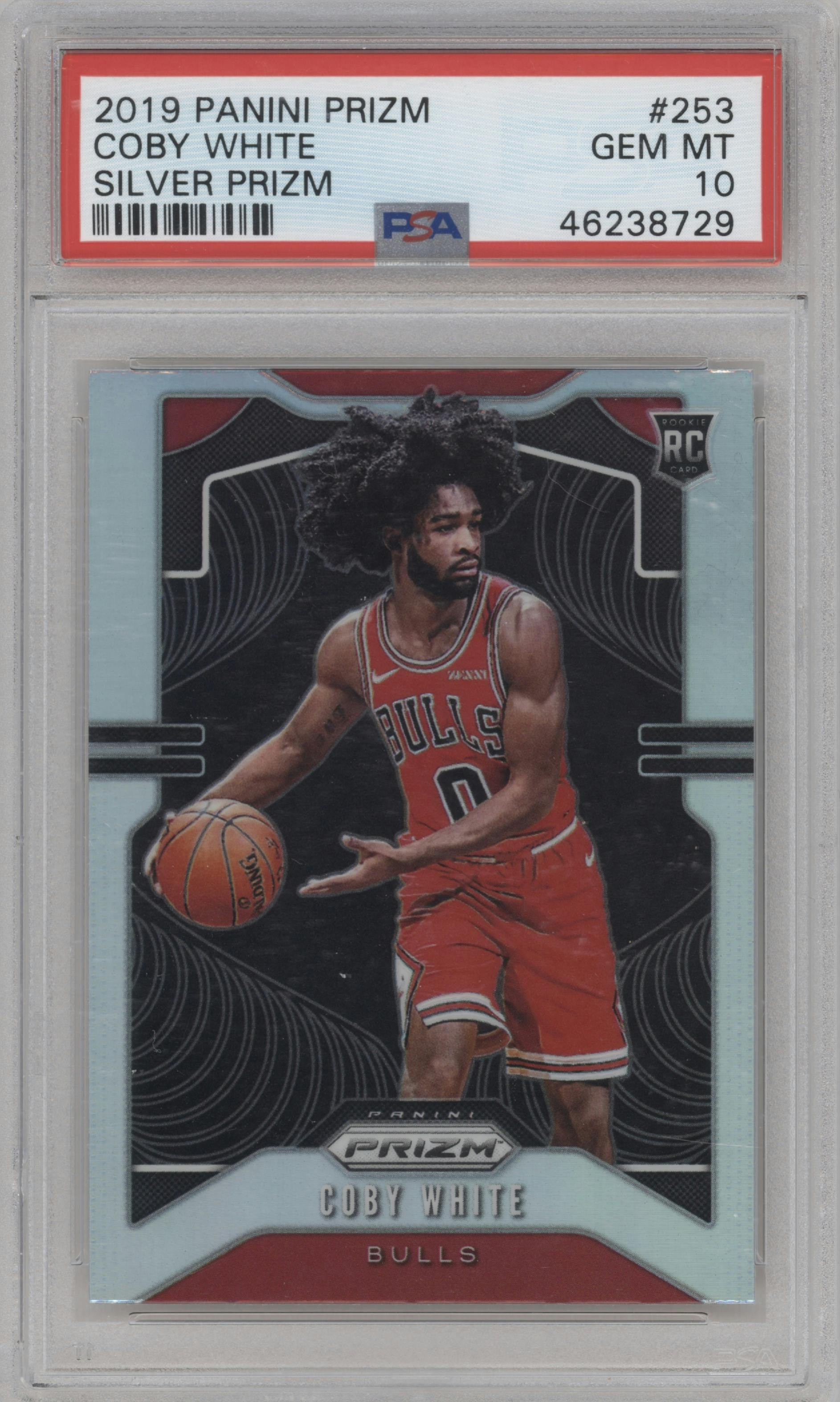 Coby White from the 2019-20 Panini Prizm set featuring a Silver Prizm parallel graded by PSA and given an overall grade of 10.
