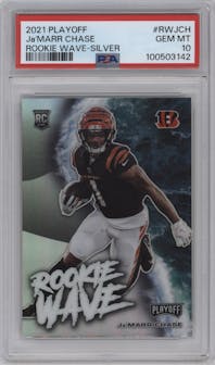 Ja'Marr Chase from the 2021 Panini Playoff set featuring a Silver parallel graded by PSA and given an overall grade of 10.