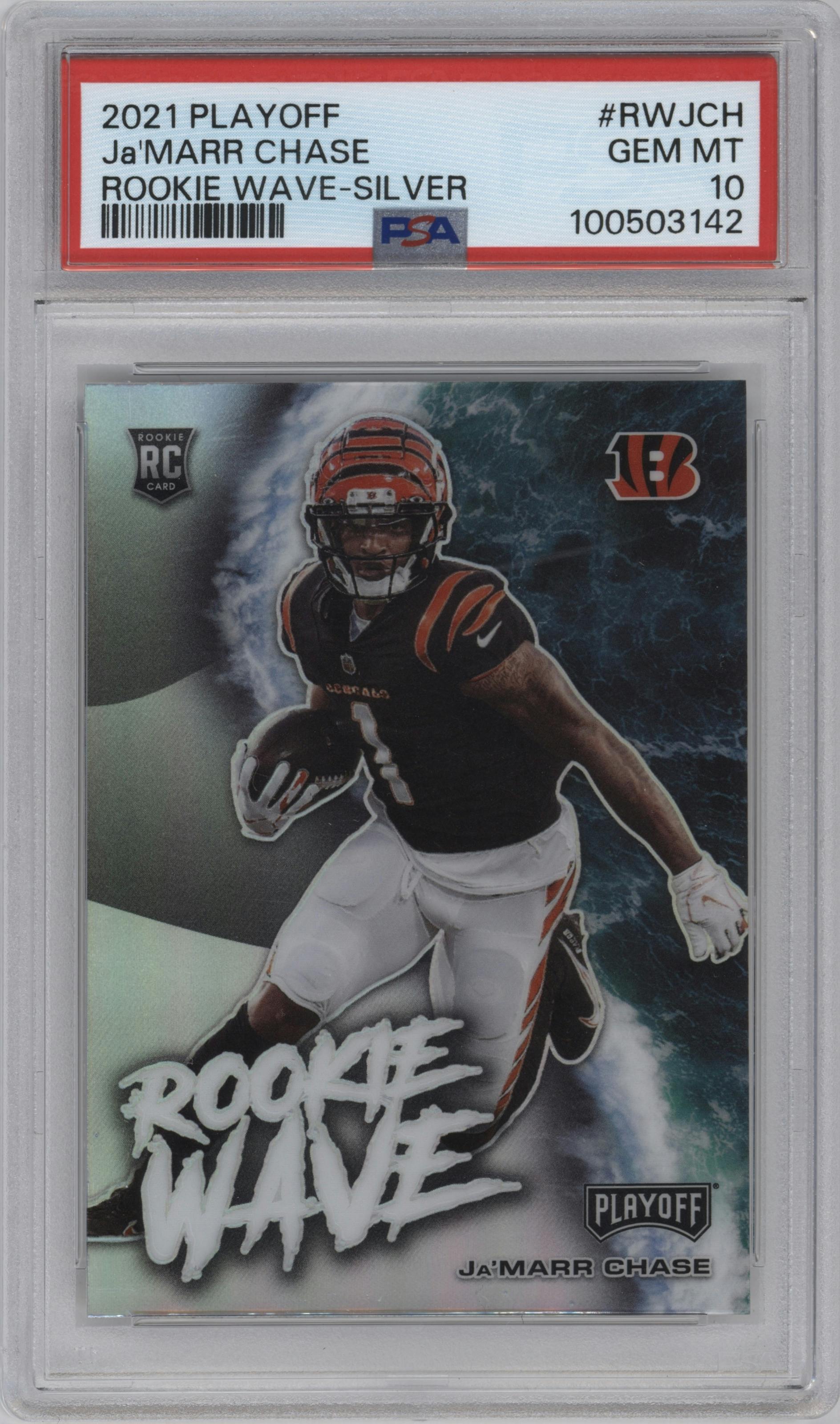 Ja'Marr Chase from the 2021 Panini Playoff set featuring a Silver parallel graded by PSA and given an overall grade of 10.