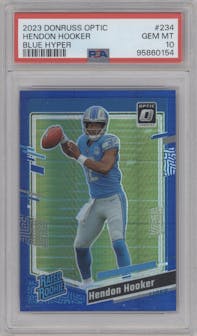 Hendon Hooker from the 2023 Donruss Optic set featuring a Hyper Blue parallel graded by PSA and given an overall grade of 10.