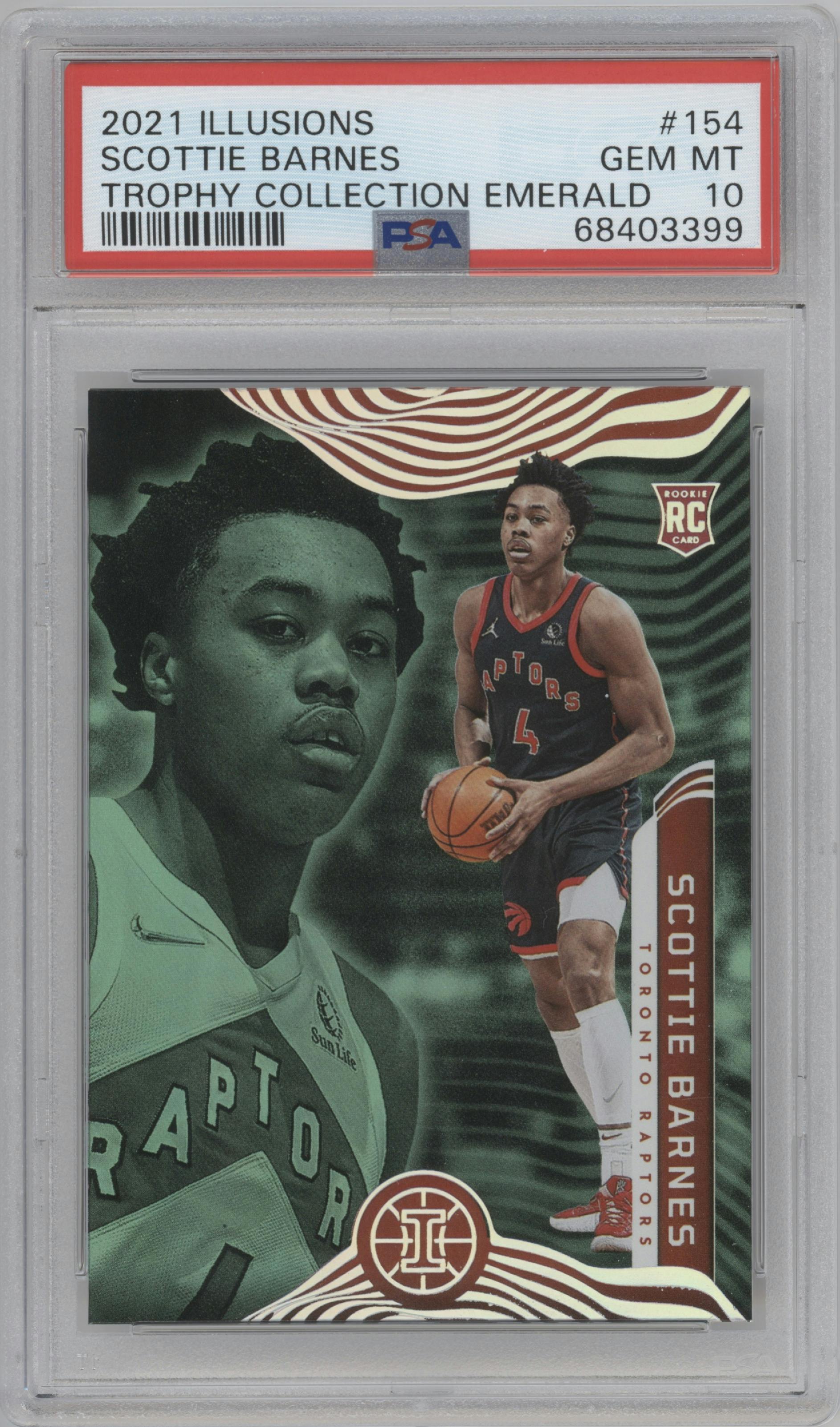  Scottie Barnes from the 2021-22 Panini Illusions set featuring a Trophy Collection Emerald parallel graded by PSA and given an overall grade of 10.