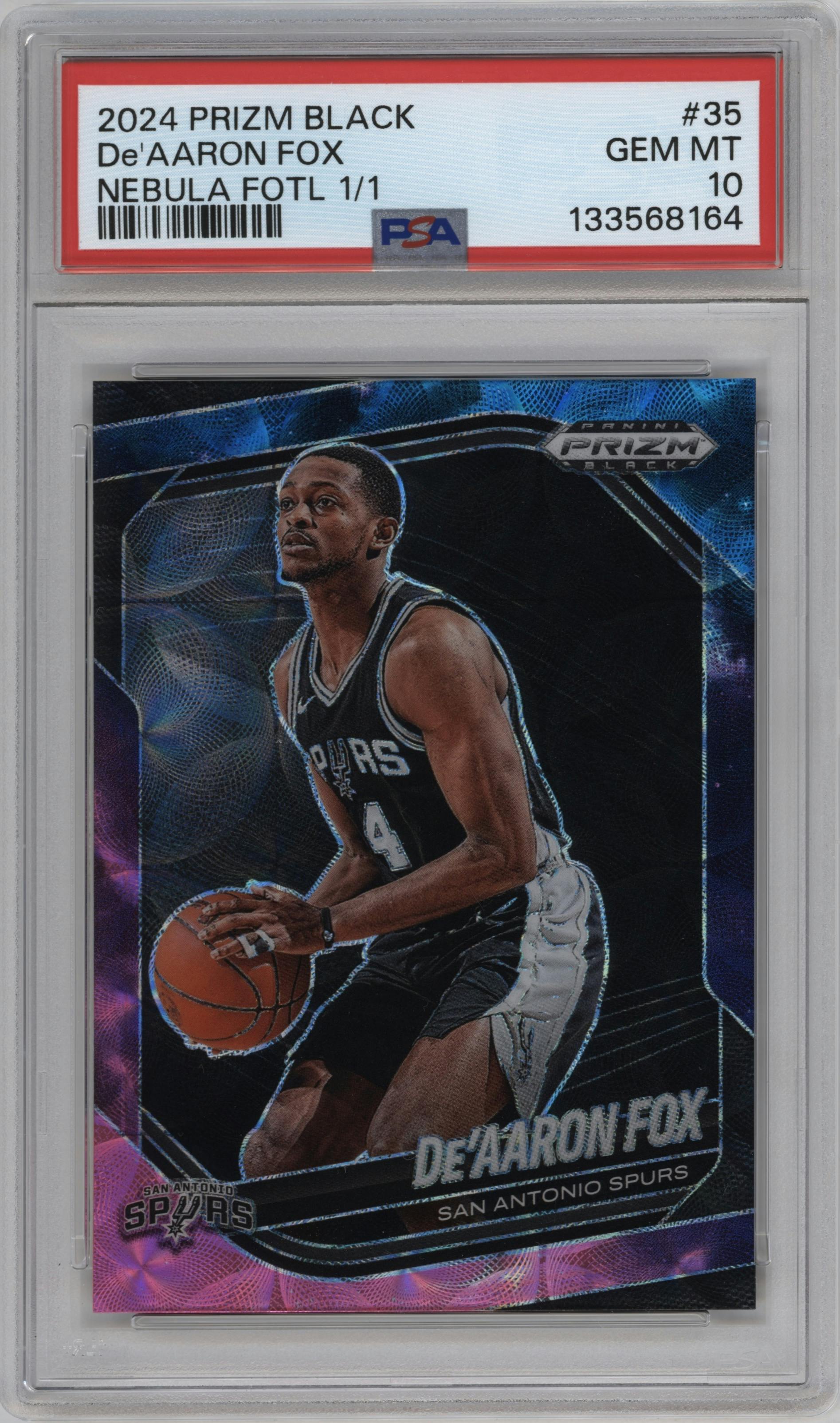 De'Aaron Fox from the 2024-25 Panini Prizm Black set featuring a Nebula parallel graded by PSA and given an overall grade of 10.