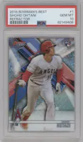 Shohei Ohtani from the 2018 Bowman’s Best set featuring a Refractor parallel graded by PSA and given an overall grade of 10.
