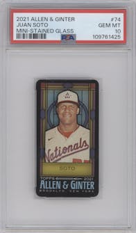 Juan Soto from the 2021 Topps Allen & Ginter set graded by PSA and given an overall grade of 10.