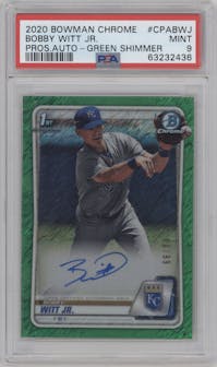 Bobby Witt Jr. from the 2020 Bowman set featuring a Green Shimmer Refractor parallel graded by PSA and given an overall grade of 9.