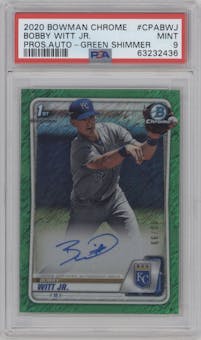 Bobby Witt Jr. from the 2020 Bowman set featuring a Green Shimmer Refractor parallel graded by PSA and given an overall grade of 9.