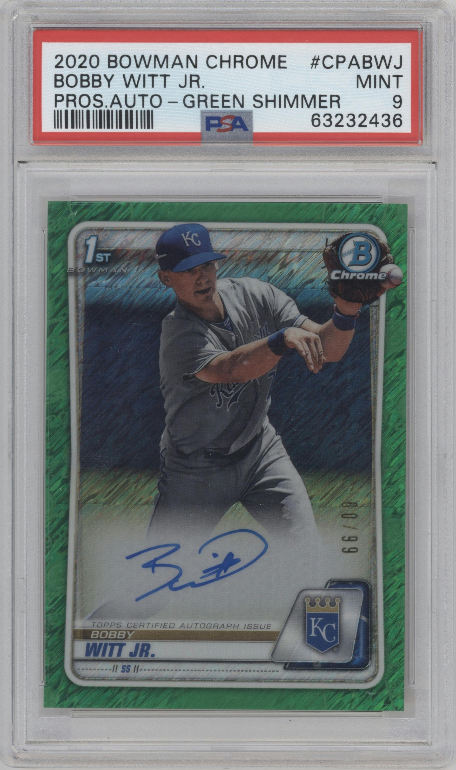Bobby Witt Jr. from the 2020 Bowman set featuring a Green Shimmer Refractor parallel graded by PSA and given an overall grade of 9.