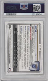 Bobby Witt Jr. from the 2020 Bowman set featuring a Green Shimmer Refractor parallel graded by PSA and given an overall grade of 9.
