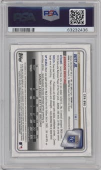 Bobby Witt Jr. from the 2020 Bowman set featuring a Green Shimmer Refractor parallel graded by PSA and given an overall grade of 9.