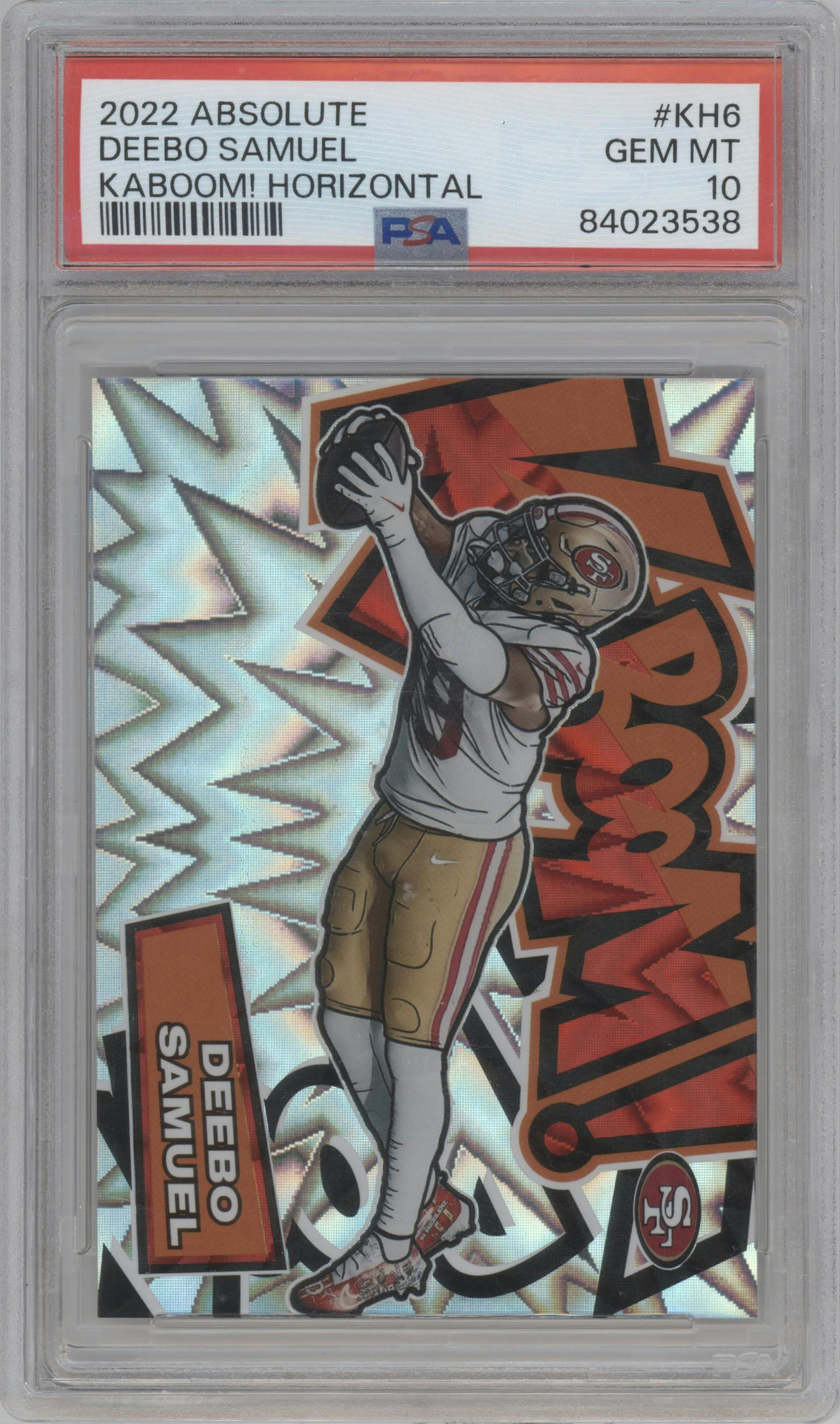 Deebo Samuel from the 2022 Panini Absolute set graded by PSA and given an overall grade of 10.