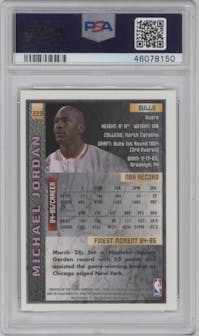 Michael Jordan from the 1995-96 Topps Finest set featuring a W/ Coating parallel graded by PSA and given an overall grade of 9.