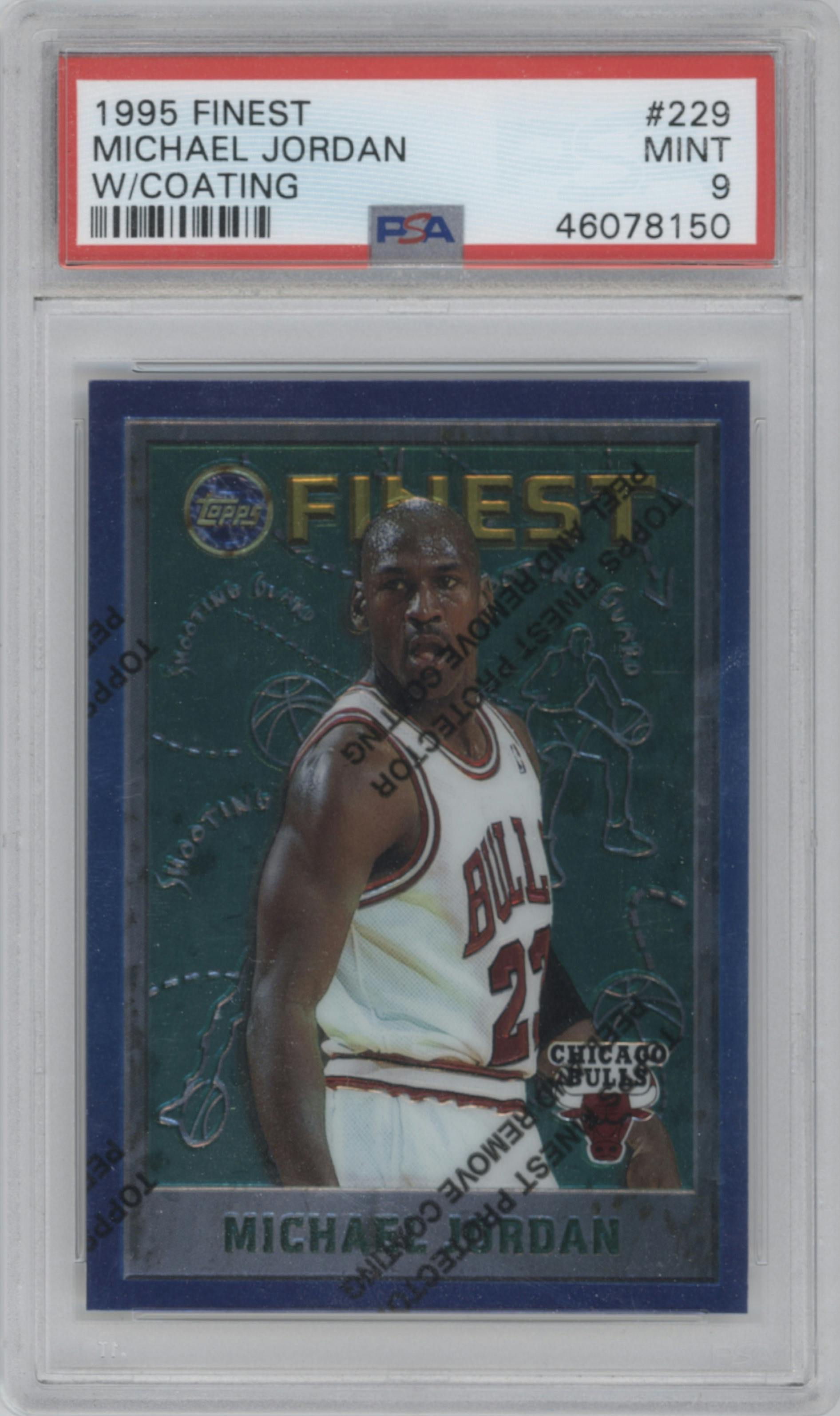 Michael Jordan from the 1995-96 Topps Finest set featuring a W/ Coating parallel graded by PSA and given an overall grade of 9.