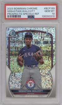 Sebastian Walcott from the 2023 Bowman Chrome set featuring a Speckle Refractor parallel graded by PSA and given an overall grade of 10.
