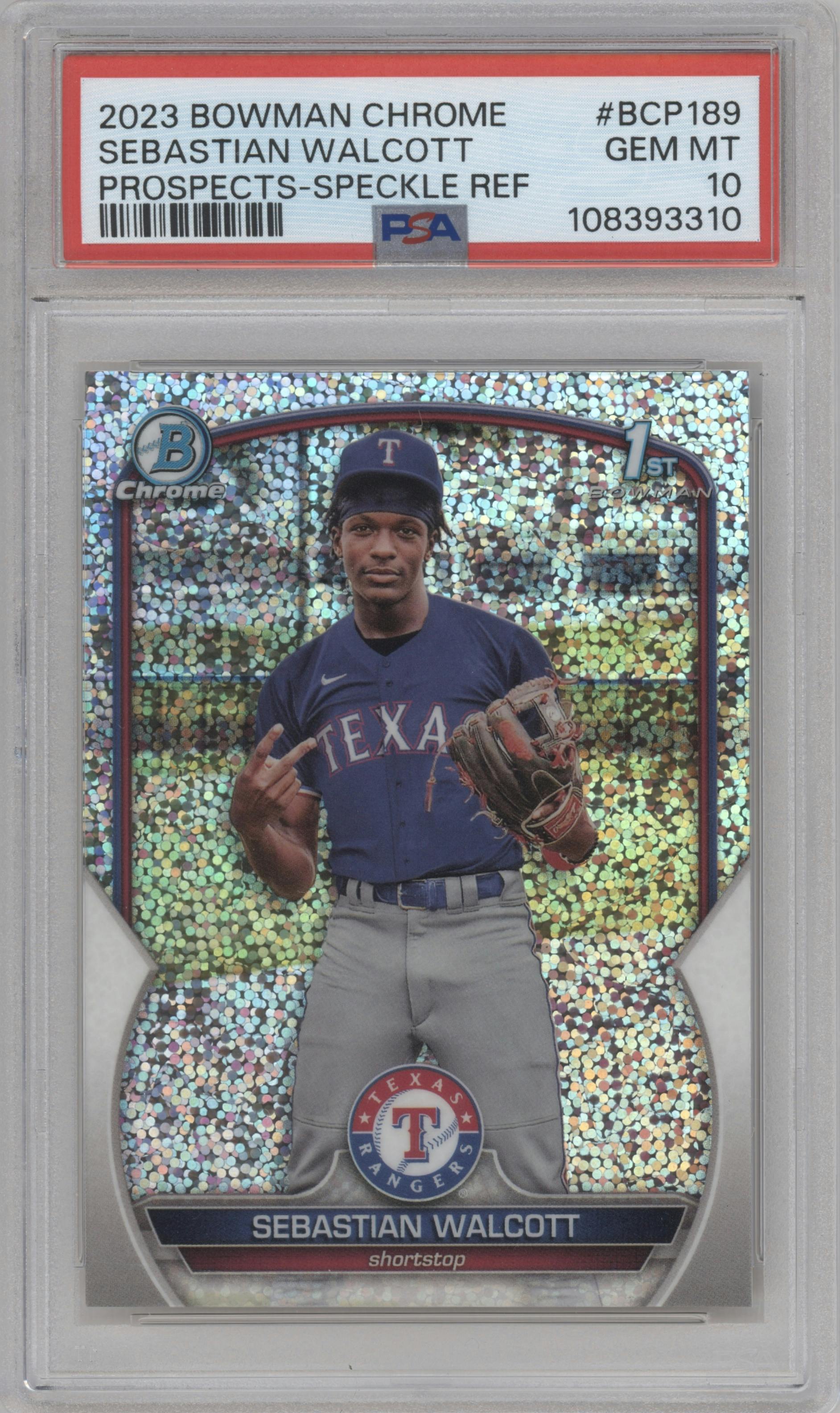 Sebastian Walcott from the 2023 Bowman Chrome set featuring a Speckle Refractor parallel graded by PSA and given an overall grade of 10.