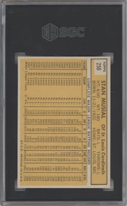 Stan Musial from the 1963 Topps set graded by SGC and given an overall grade of 6.