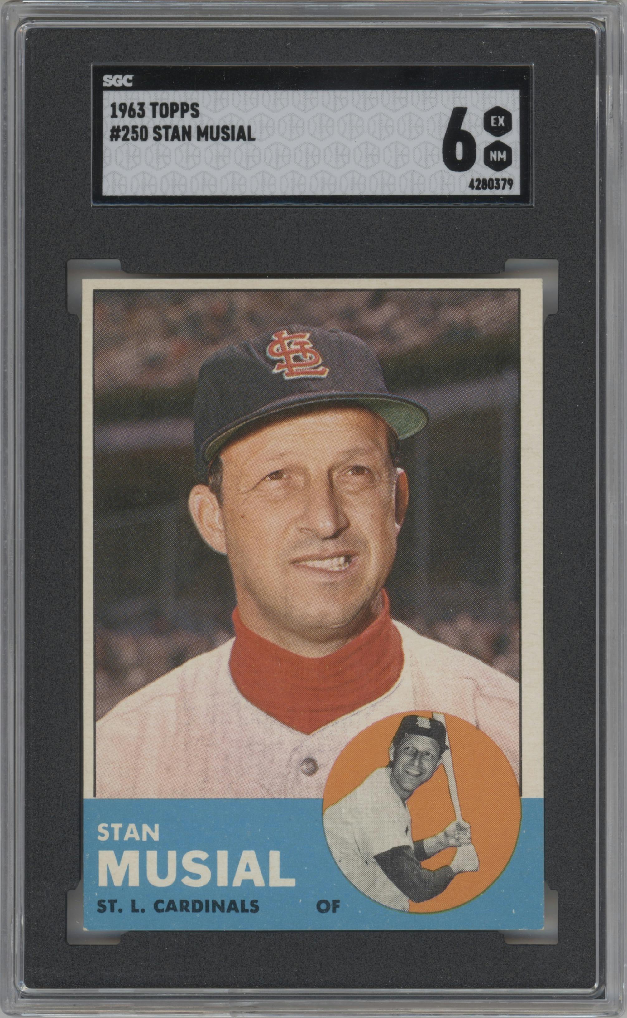 Stan Musial from the 1963 Topps set graded by SGC and given an overall grade of 6.