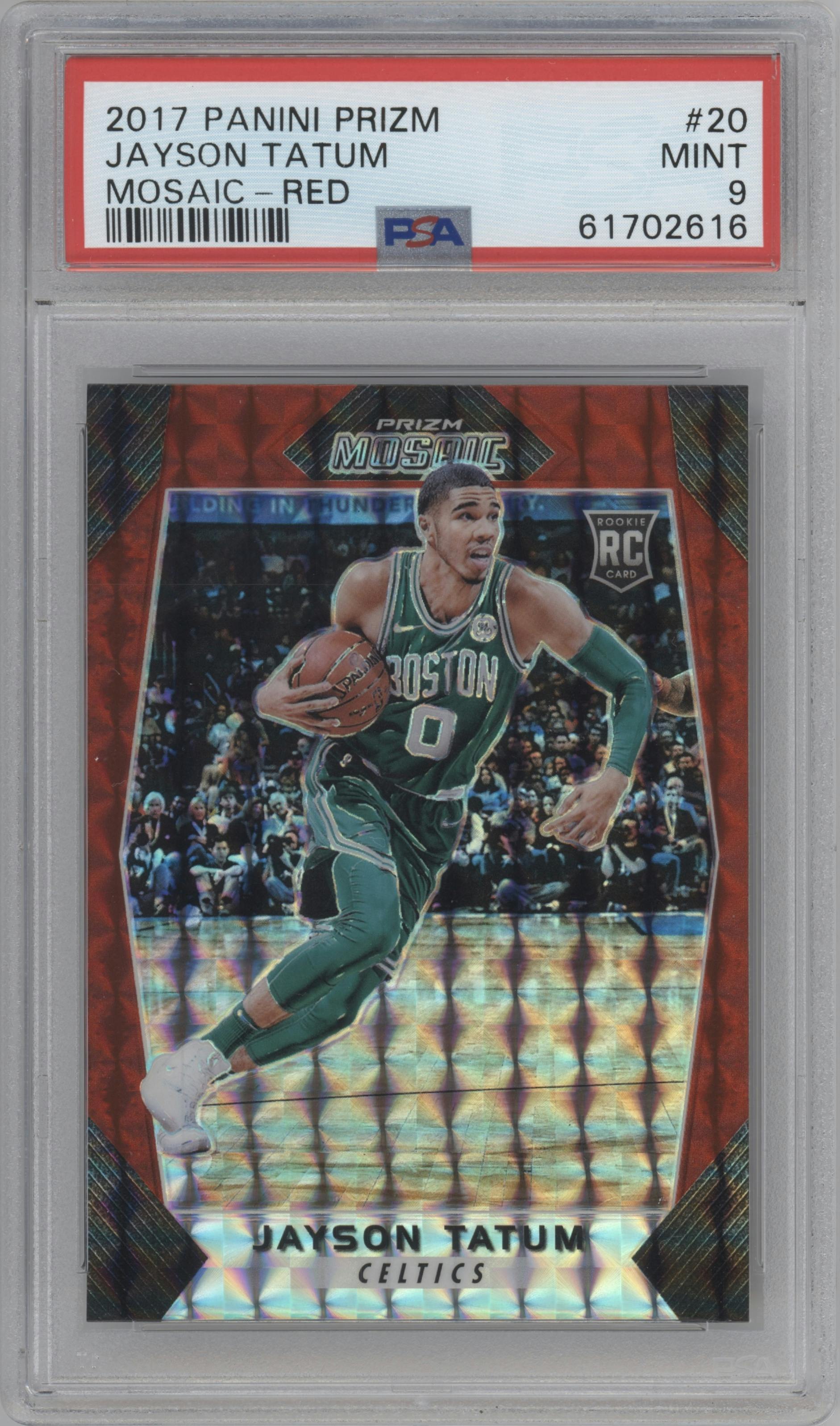 Jayson Tatum from the 2017-18 Panini Mosaic Prizm  set featuring a Red parallel graded by PSA and given an overall grade of 9.