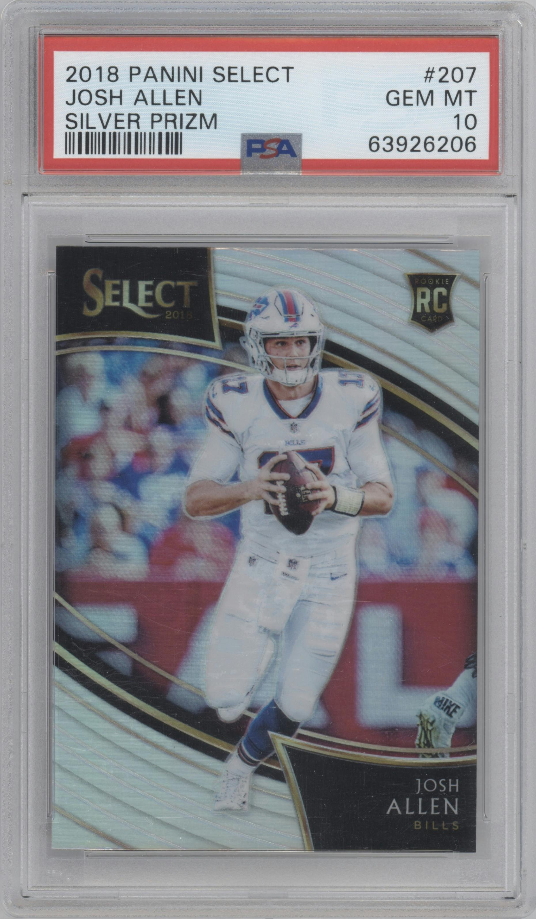 Josh Allen from the 2018 Panini Select set featuring a Silver Prizm parallel graded by PSA and given an overall grade of 10.