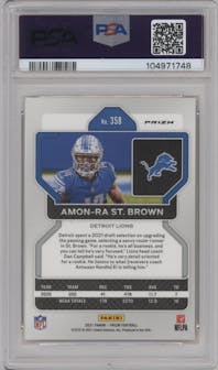 Amon-Ra St. Brown from the 2021 Panini Prizm set featuring a Lazer parallel graded by PSA and given an overall grade of 10.