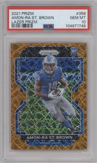 Amon-Ra St. Brown from the 2021 Panini Prizm set featuring a Lazer parallel graded by PSA and given an overall grade of 10.