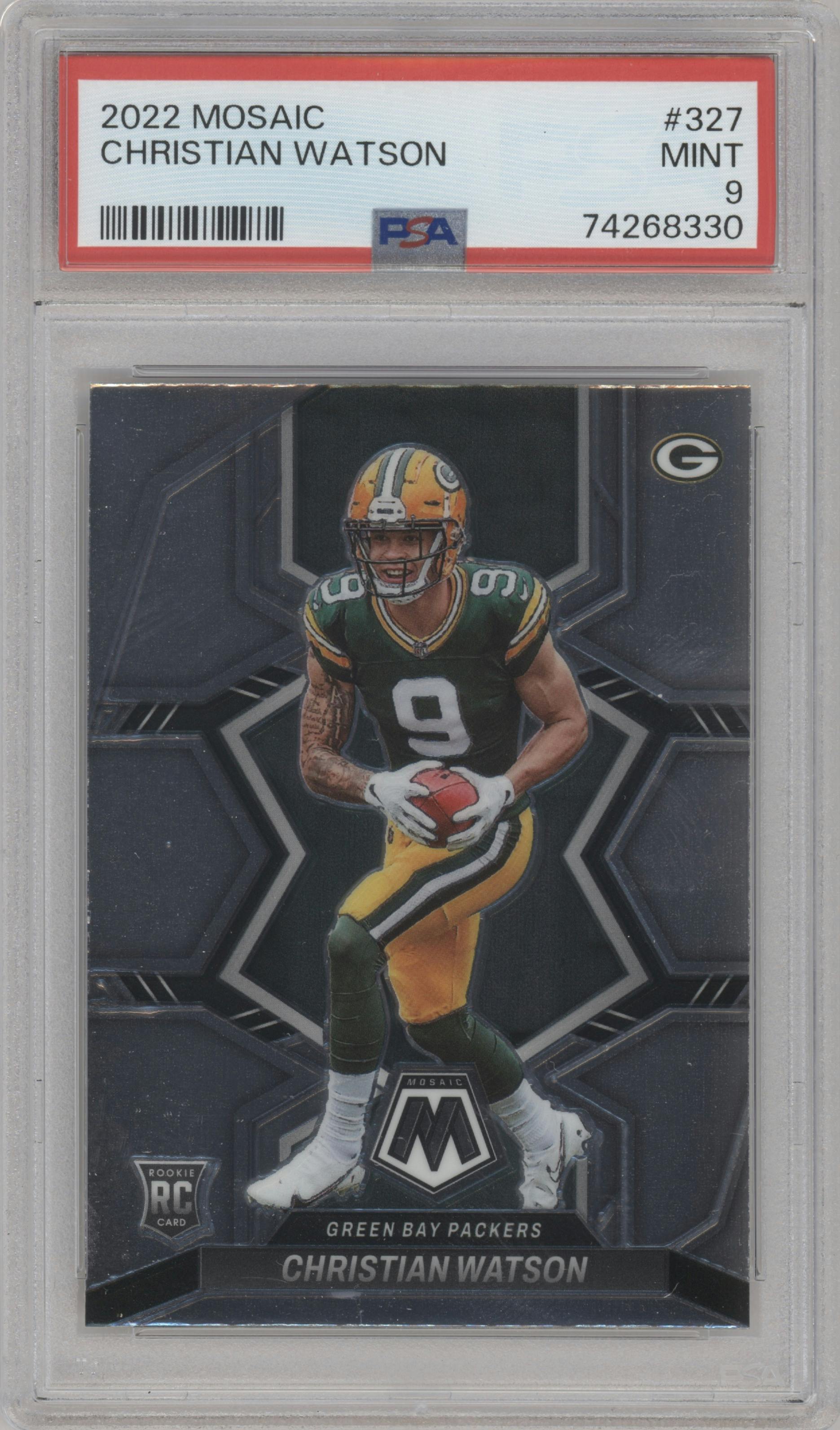 Christian Watson from the 2022 Panini Mosaic set graded by PSA and given an overall grade of 9.
