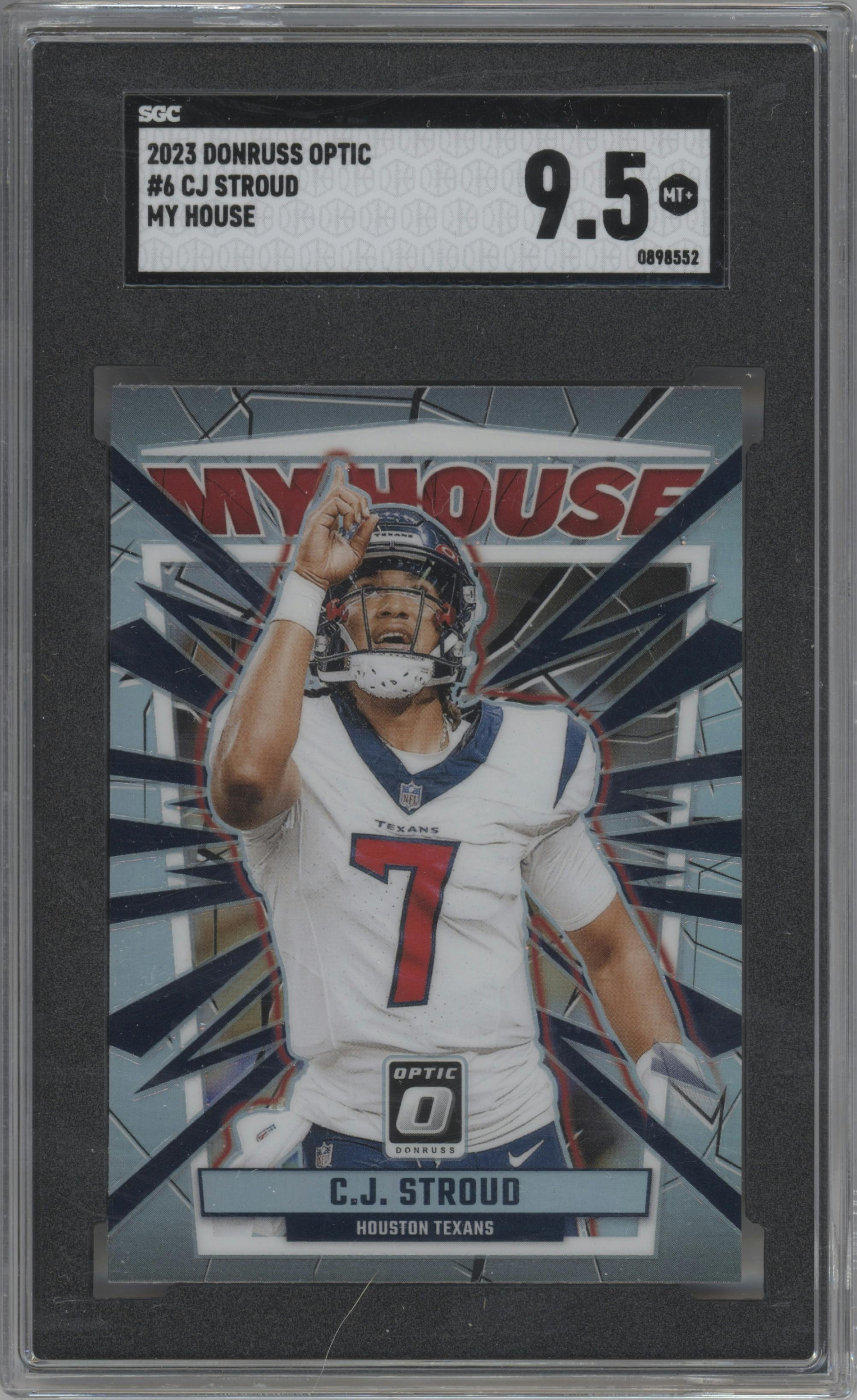 C.J. Stroud from the 2023 Donruss Optic set graded by SGC and given an overall grade of 9.5.
