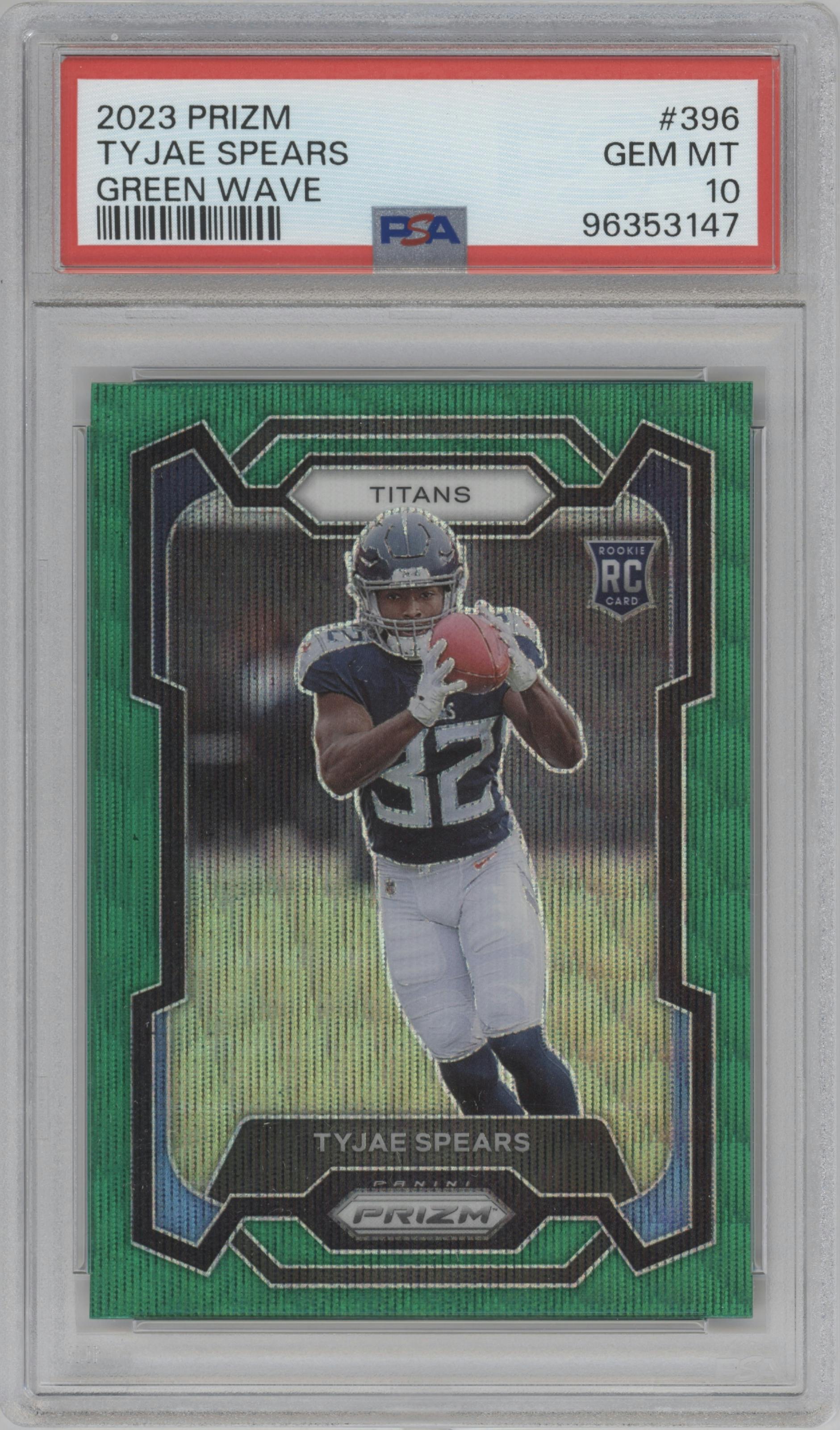 Tyjae Spears from the 2023 Panini Prizm set featuring a Green Wave  parallel graded by PSA and given an overall grade of 10.