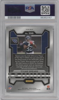Tyjae Spears from the 2023 Panini Prizm set featuring a Green Wave  parallel graded by PSA and given an overall grade of 10.