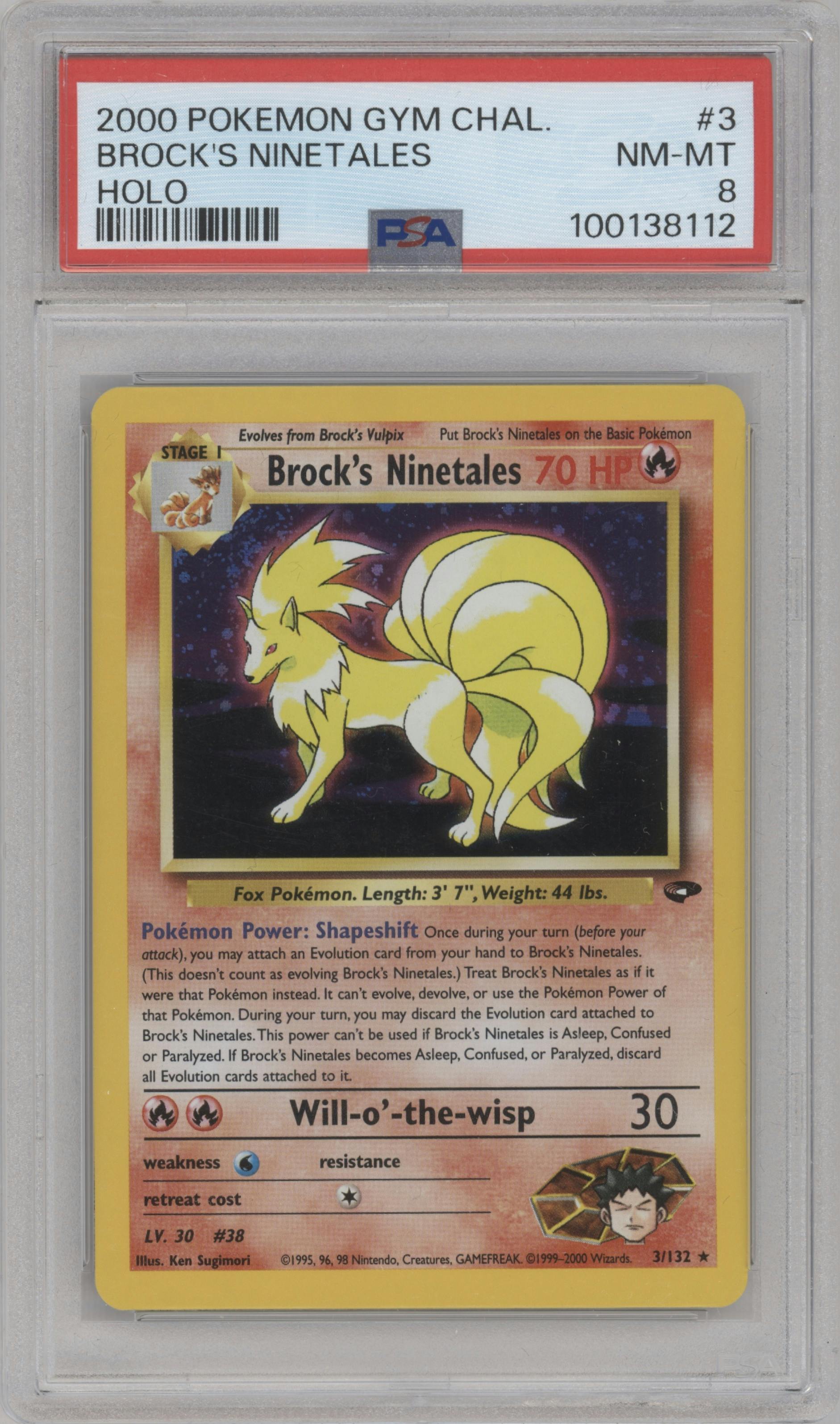 Brock's Ninetales from the 2000 Pokemon GH set graded by PSA and given an overall grade of 8.