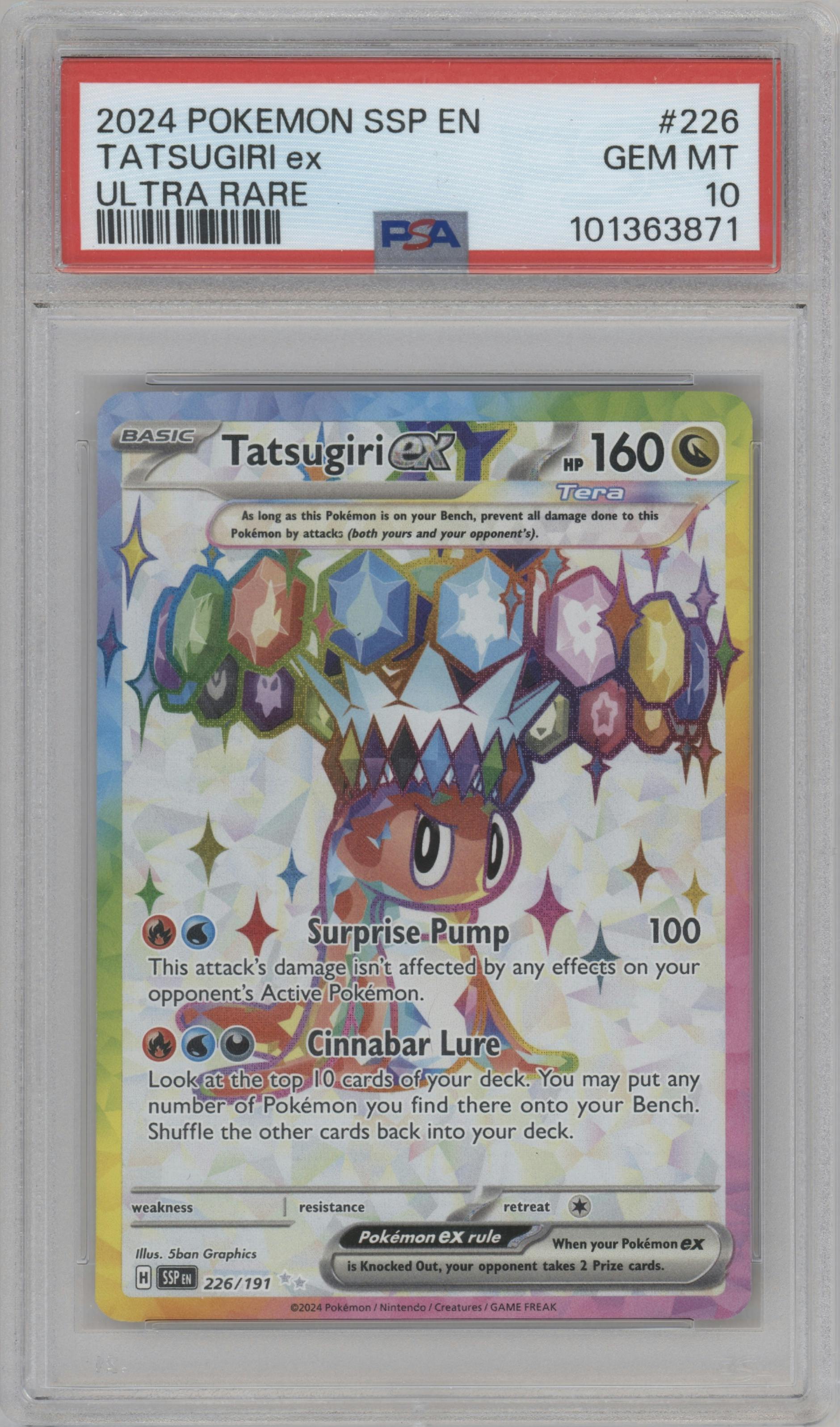 Tatsugiri ex from the 2024 Pokemon SV set graded by PSA and given an overall grade of 10.