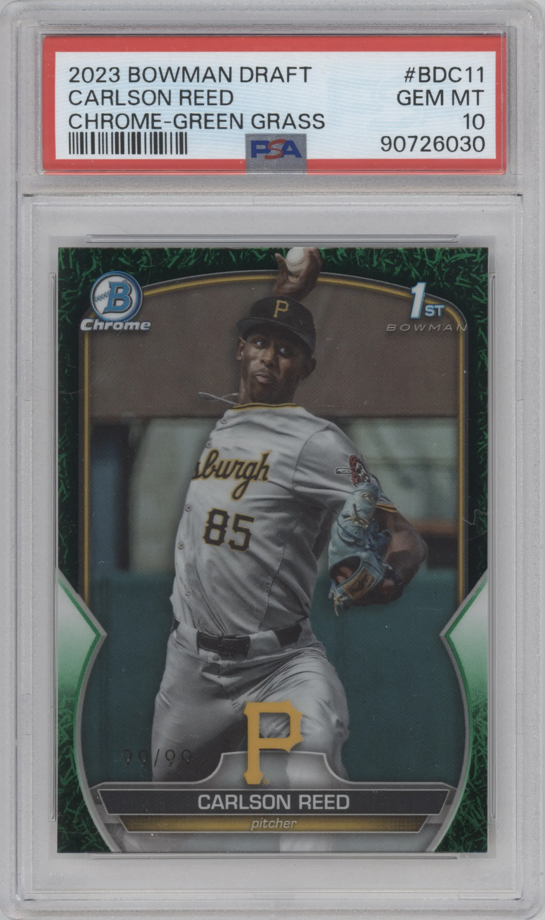2023 Bowman Draft Chrome Carlson Reed Green Grass Refractor PSA 10