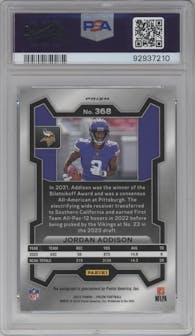 Jordan Addison from the 2023 Panini Prizm set graded by PSA and given an overall grade of 10.