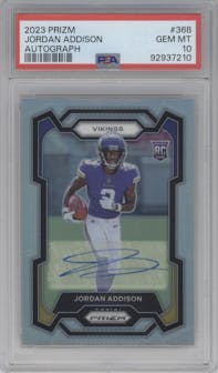 Jordan Addison from the 2023 Panini Prizm set graded by PSA and given an overall grade of 10.