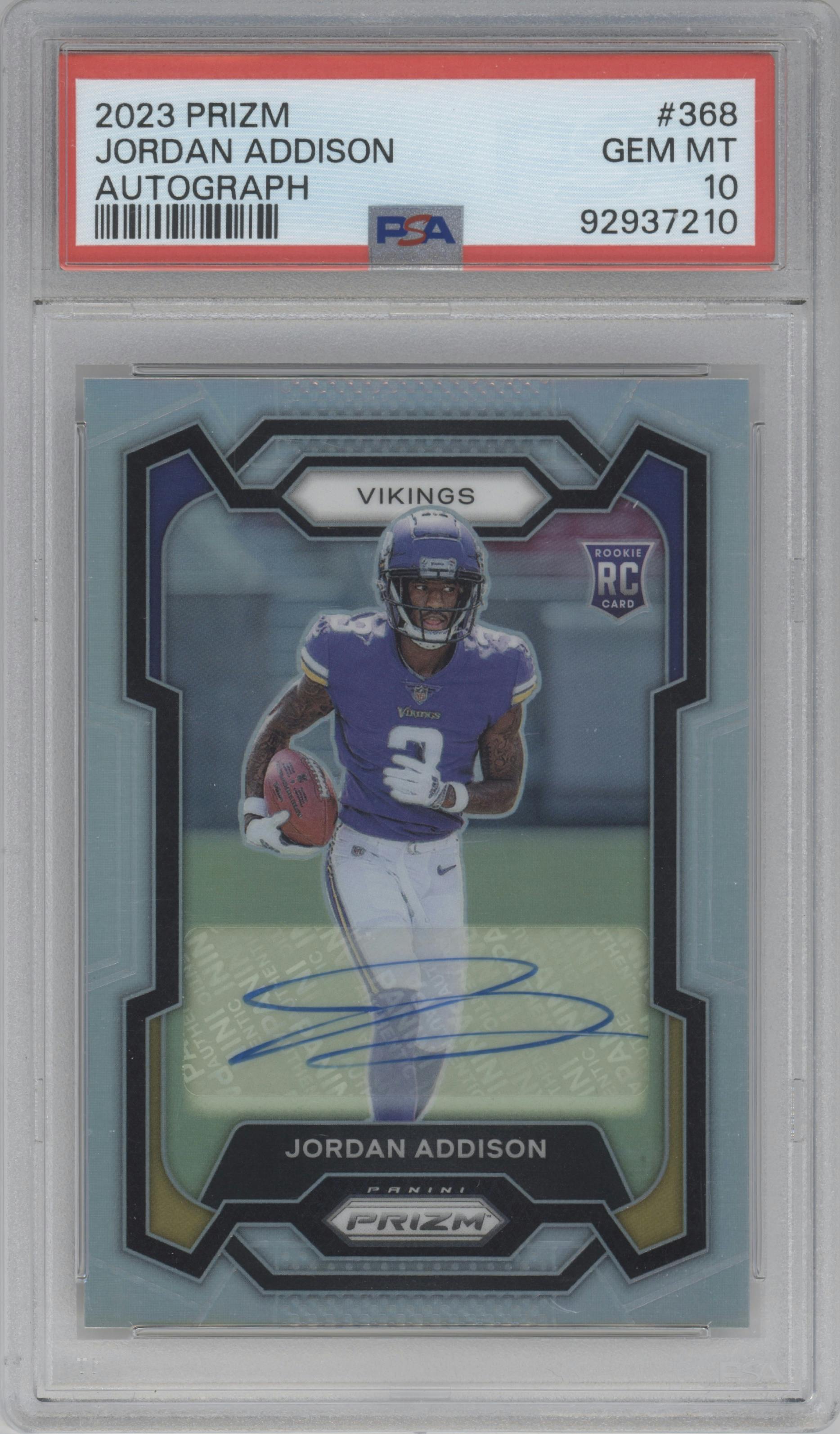 Jordan Addison from the 2023 Panini Prizm set graded by PSA and given an overall grade of 10.