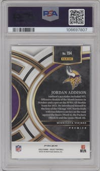 Jordan Addison from the 2023 Panini Select set featuring a Dragon Scale parallel graded by PSA and given an overall grade of 10.