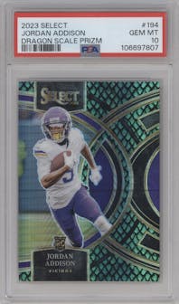Jordan Addison from the 2023 Panini Select set featuring a Dragon Scale parallel graded by PSA and given an overall grade of 10.