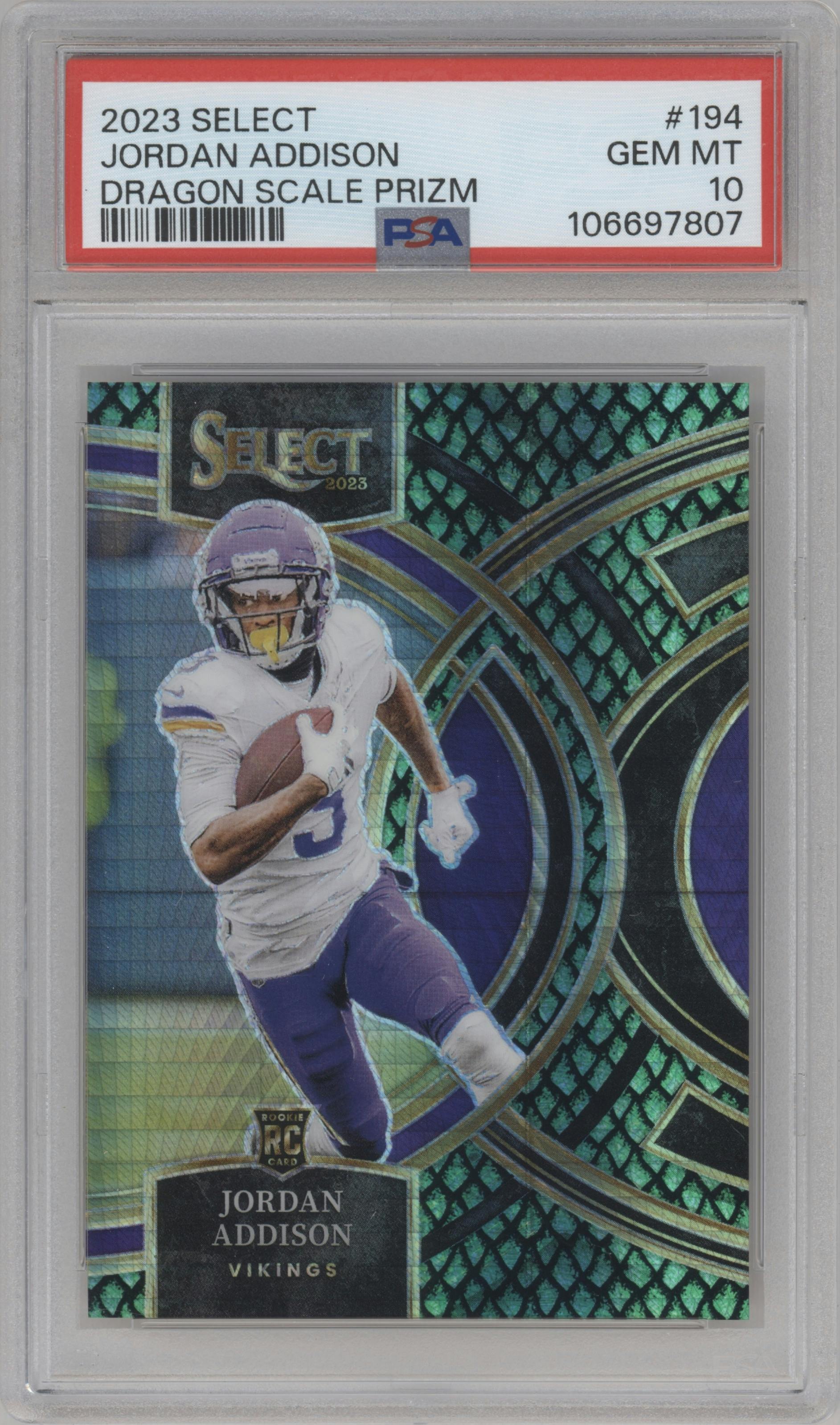 Jordan Addison from the 2023 Panini Select set featuring a Dragon Scale parallel graded by PSA and given an overall grade of 10.